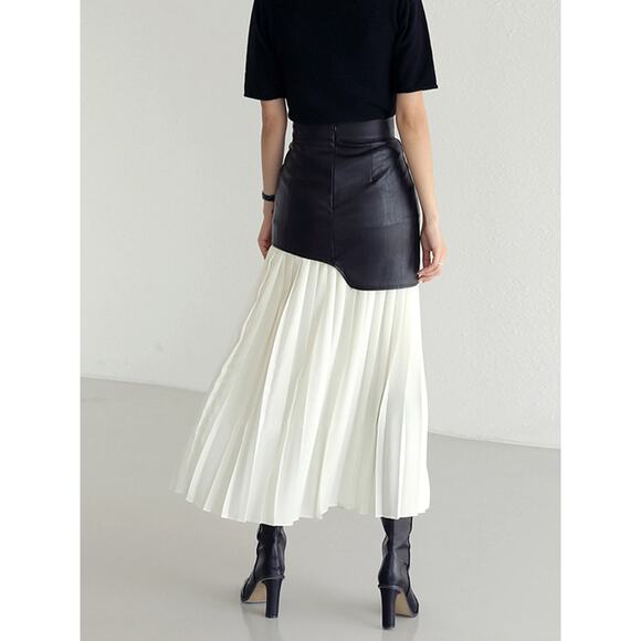 Commense Asymmetric Patchwork Faux Leather Chiffon Pleated Maxi Skirt XS - Picture 3 of 7
